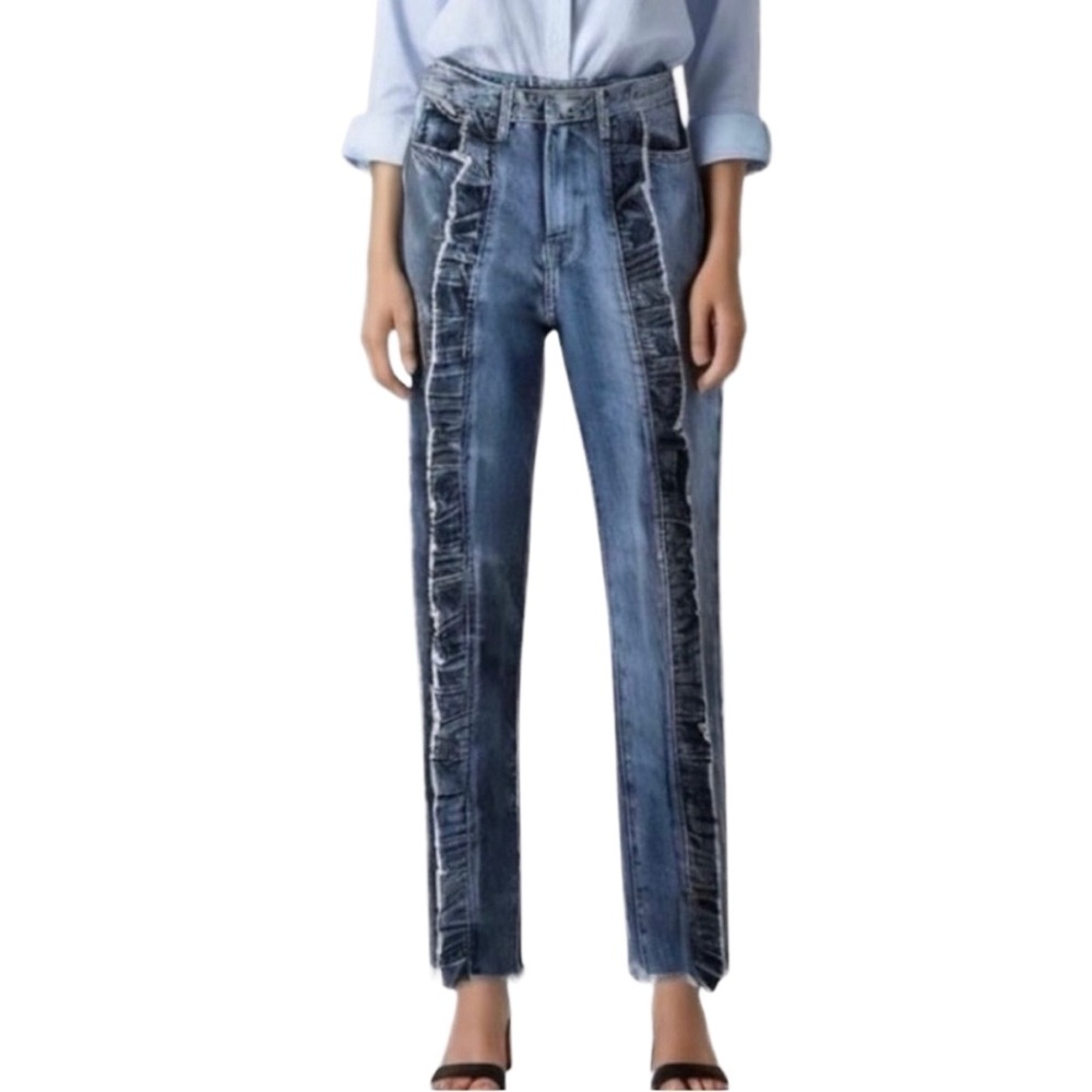 LF x Carmar Ruffle Front Straight Jeans Size 27 High Rise Statement Denim